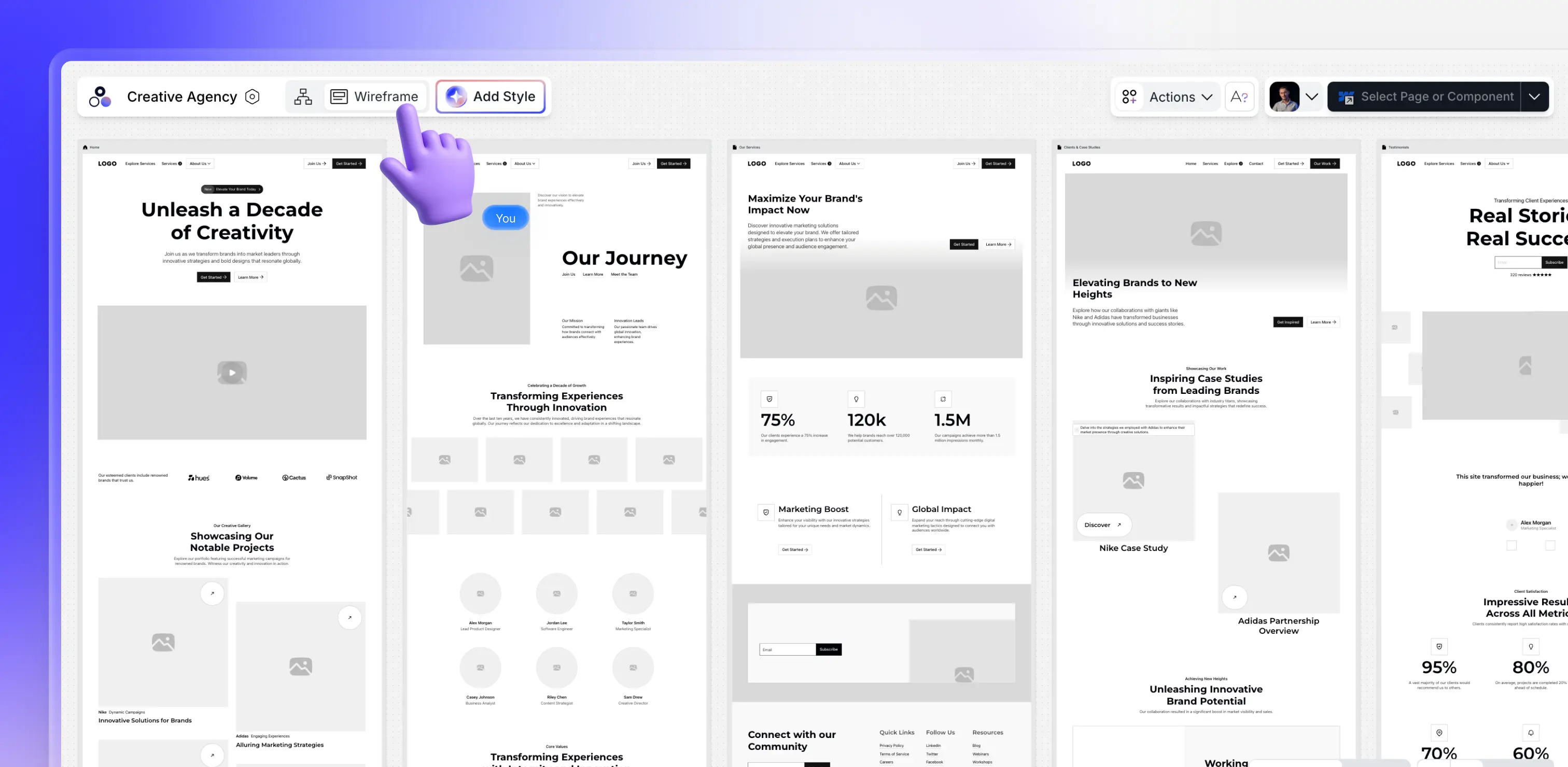 AI Wireframes for an Agency website from Modulify