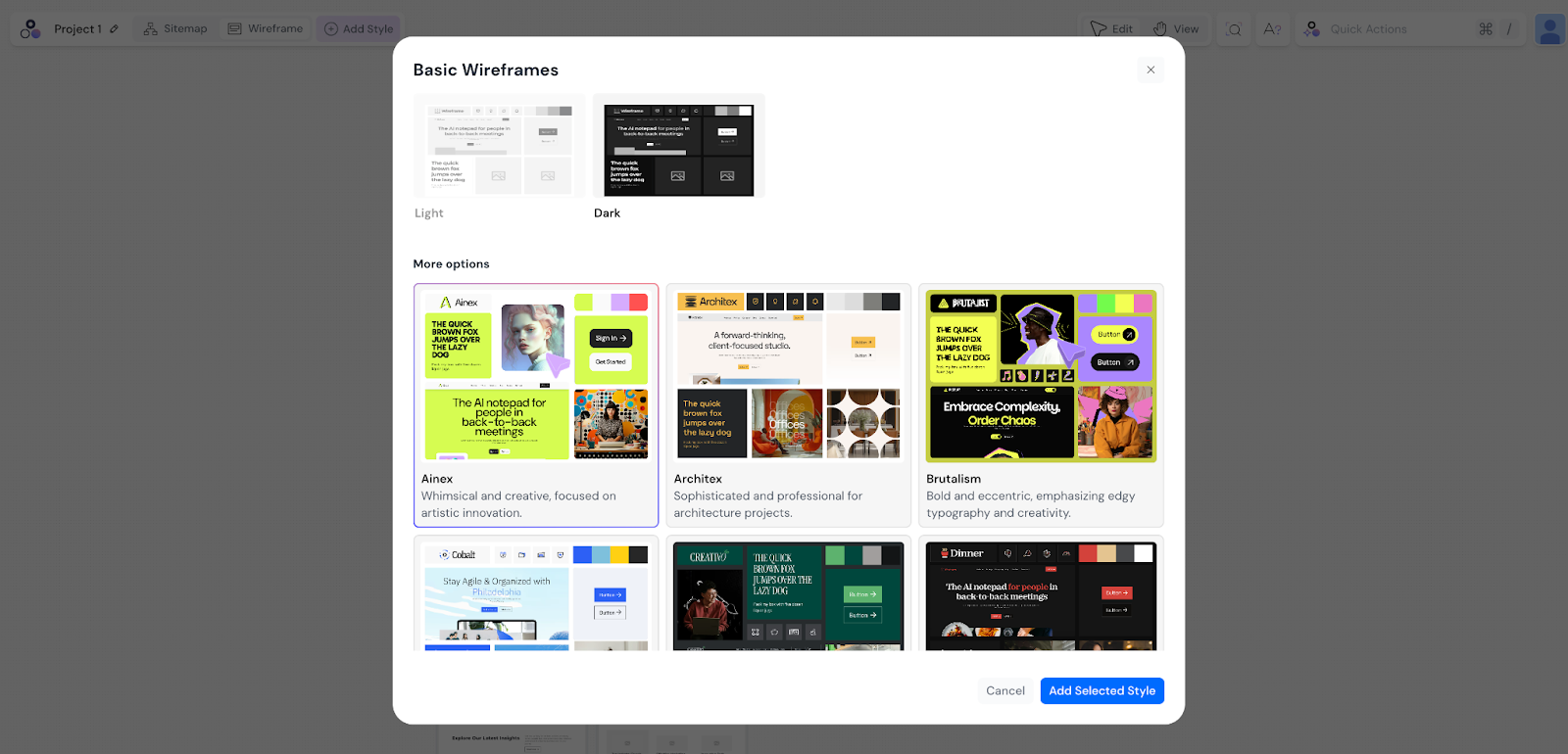 Modulify interface showing a window with tens of different design systems ready to be applied, with an "Add Style" button highlighted at the bottom.