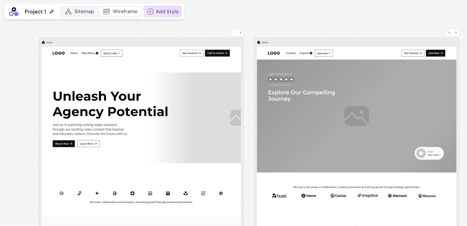 Modulify interface showing web page previews side by side, with an "Add Style" button highlighted at the top.