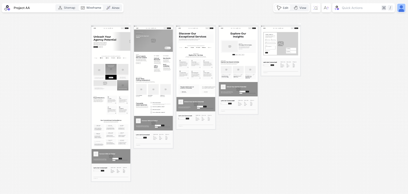 Wireframe view in Modulify showcasing multiple web page layouts with structured content blocks.
