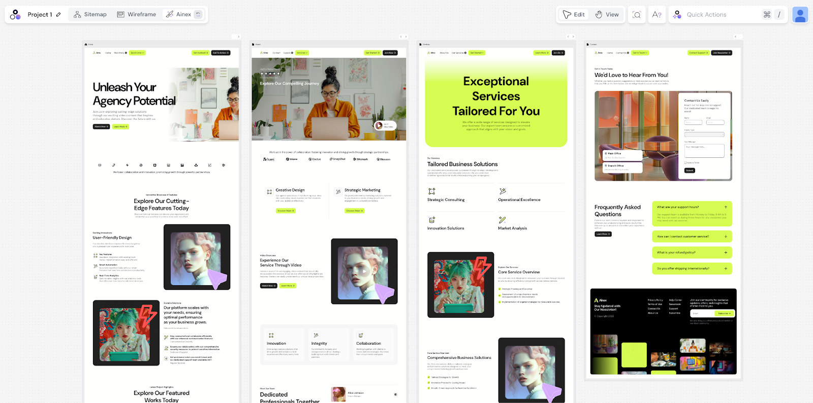 Modulify interface showing the complete website generated after the design system was applied to the wireframe in the last previous step.