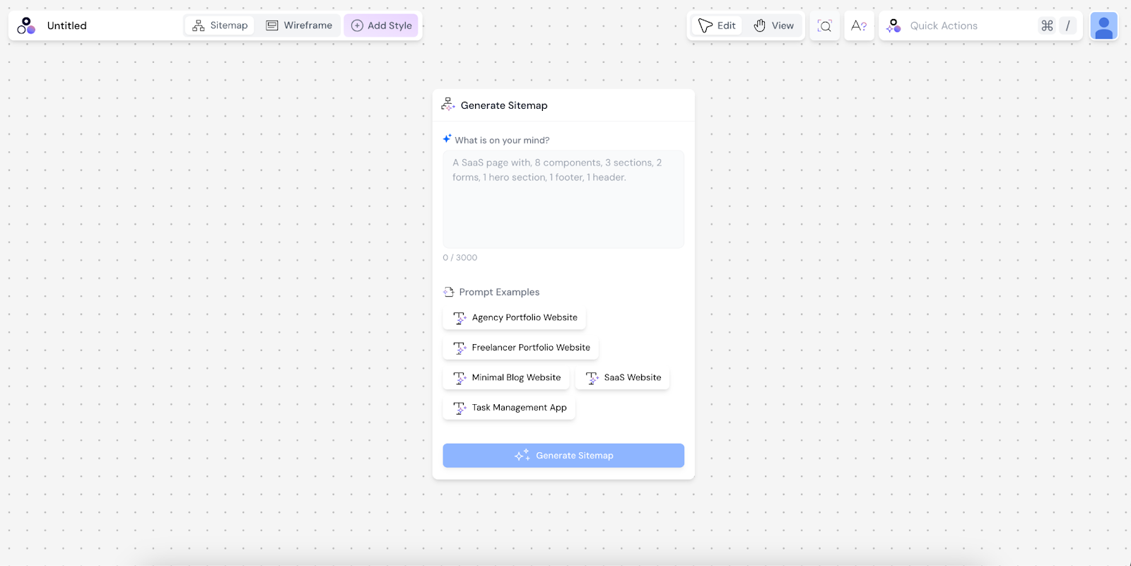 Modulify interface window where you can write your own AI prompt to generate the sitemap or choose from ready-made AI prompts.
