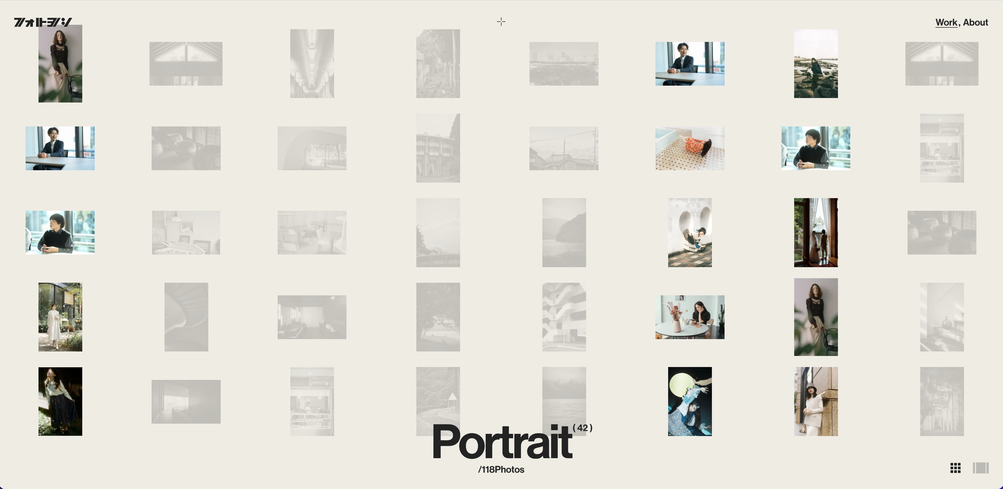 Photoyoshi portfolio homepage, with the work split into Lifestyle, Portrait and Landscape categories and image counts for each