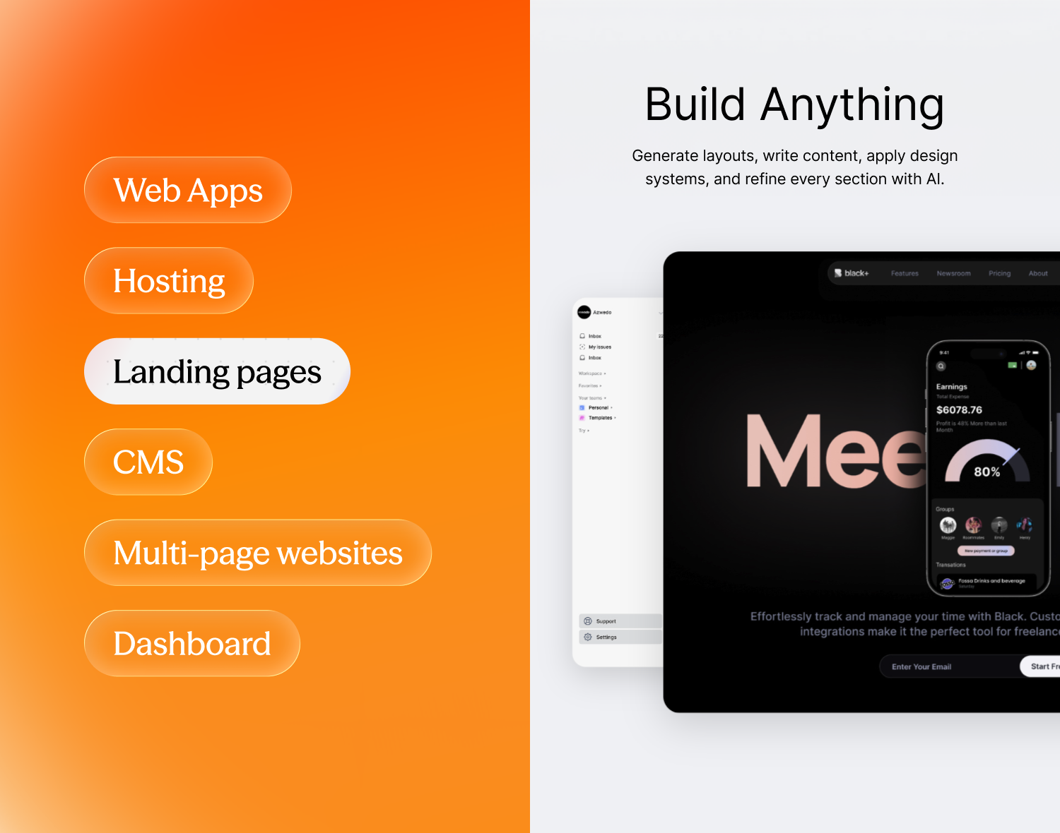 Build anything with Modulify, from landing pages and multi-page websites to CMS, dashboards and web apps
