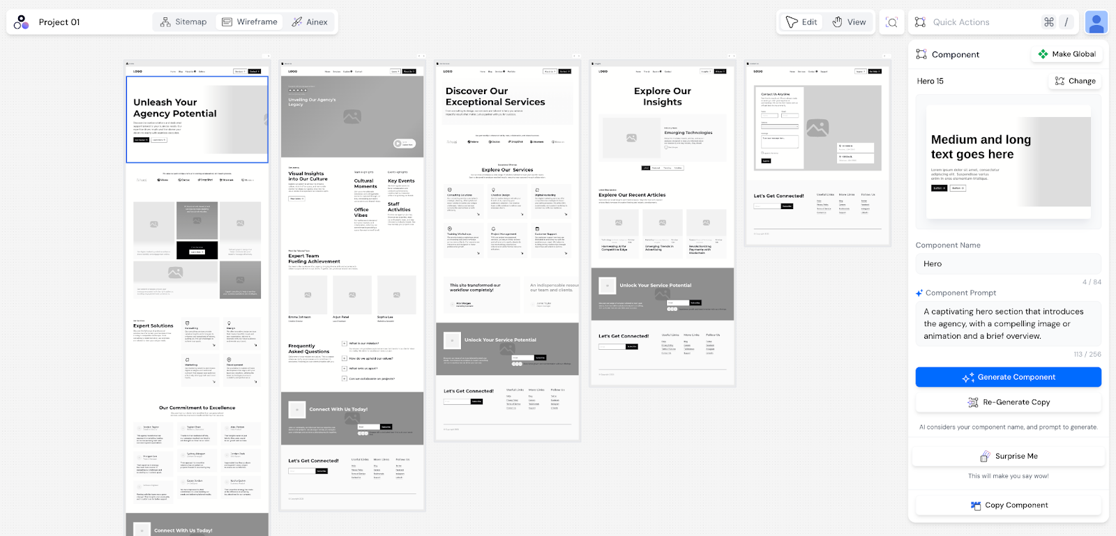Modulify wireframe interface showing a selected hero section with a right panel displaying other component options and AI tools for customizing content.