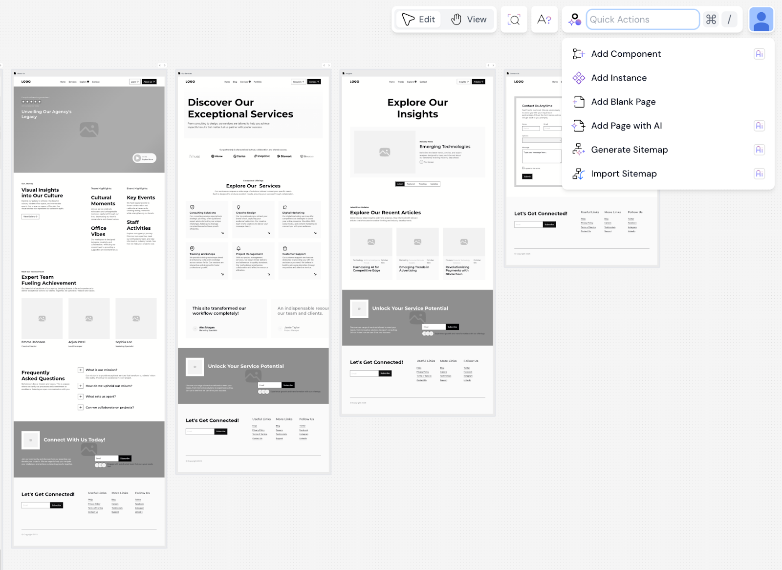 Modulify interface showing a Quick Actions menu with options to add components, instances, blank pages, AI-generated pages, and manage sitemaps.